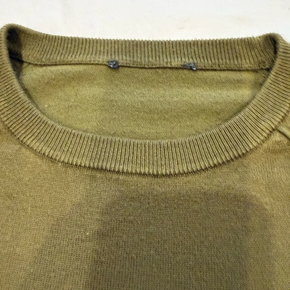 Sweater Olive Green Lightweight Knit Striped Cuff Crewneck Casual Cozy Pullover - Picture 7 of 8